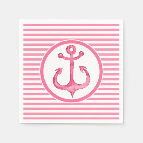Nautical Pink Anchor Striped Paper Napkins