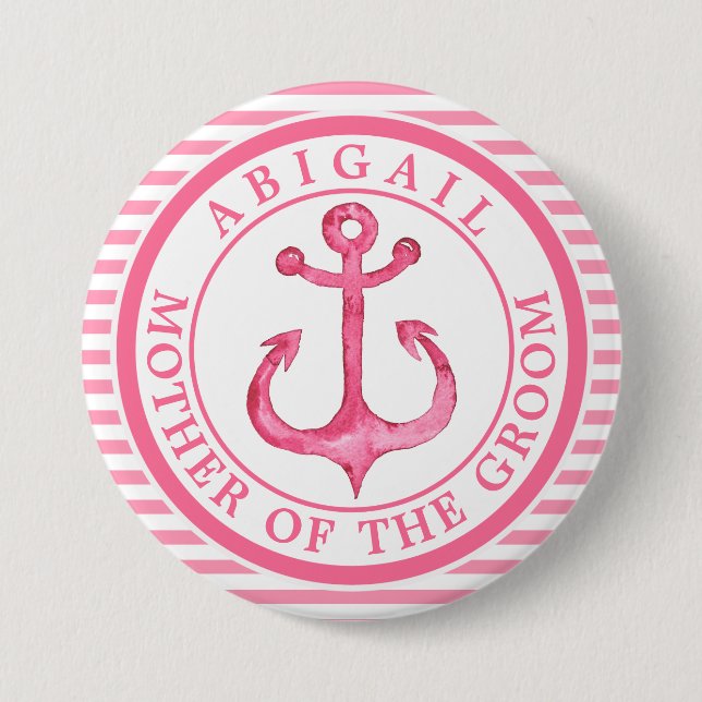 Nautical Pink Anchor Striped Wedding Party Button (Front)