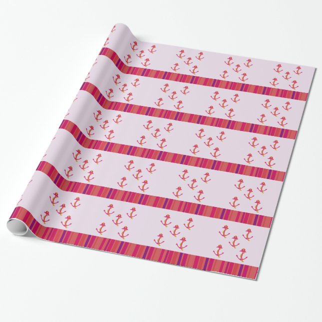 Nautical Pink Anchors and Stripes Wrapping Paper (Unrolled)