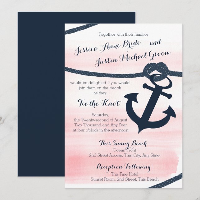Nautical Pink and Navy Rope and Anchor Wedding Invitation (Front/Back)