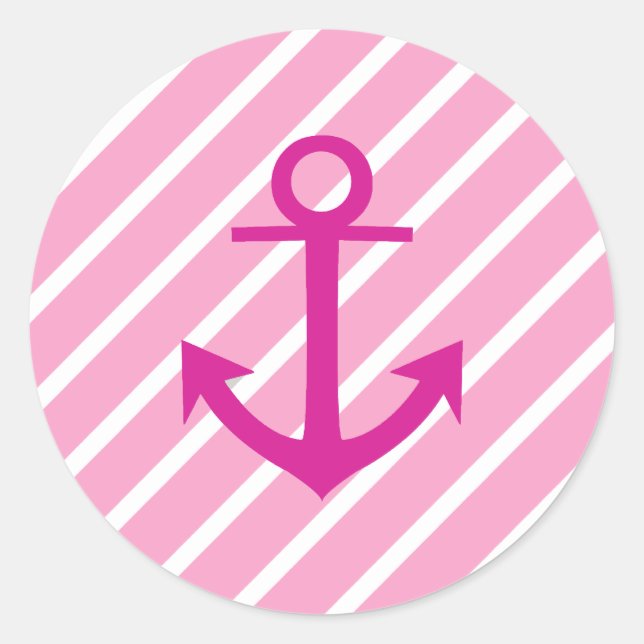 Nautical  Pink And White Stripes Fuchsia Anchor Classic Round Sticker (Front)