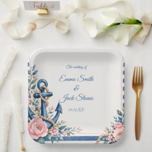 Nautical Pink Blue Floral Anchor Wedding  Paper Plates