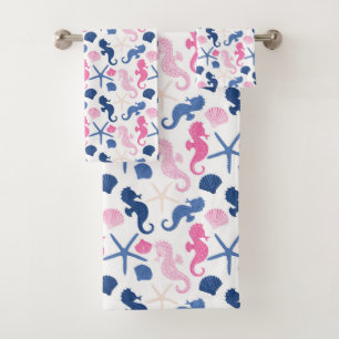 NAUTICAL PINK BLUE SHELLS SEAHORSES BATH TOWEL SET