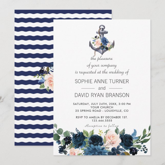 Nautical Pink Blush Blue Floral Anchor Wedding Invitation (Front/Back)