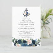 Nautical Pink Blush Blue Floral Anchor Wedding Invitation (Standing Front)