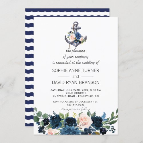 Nautical Pink Blush Blue Floral Anchor Wedding Invitation