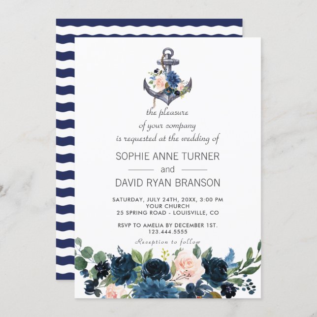 Nautical Pink Blush Blue Floral Anchor Wedding Invitation (Front/Back)