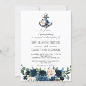 Nautical Pink Blush Blue Floral Anchor Wedding Invitation (Front)
