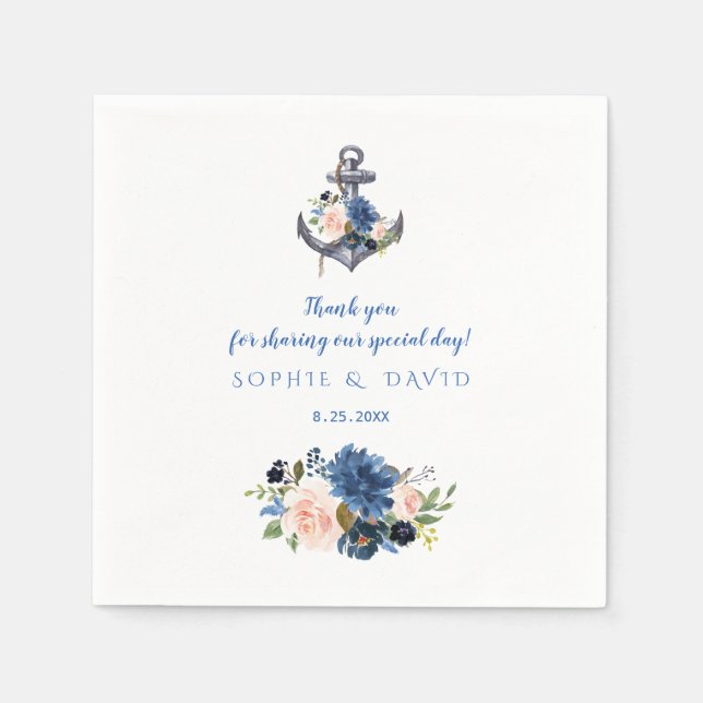 Nautical Pink Blush Blue Floral Anchor Wedding Napkins (Front)