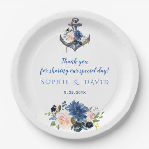 Nautical Pink Blush Blue Floral Anchor Wedding Paper Plates