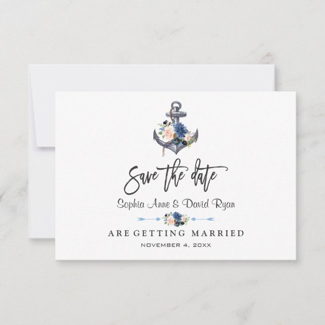 Nautical Pink Blush Blue Floral Anchor Wedding Save The Date (Front)