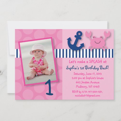 Nautical Pink Crab Birthday Invitations