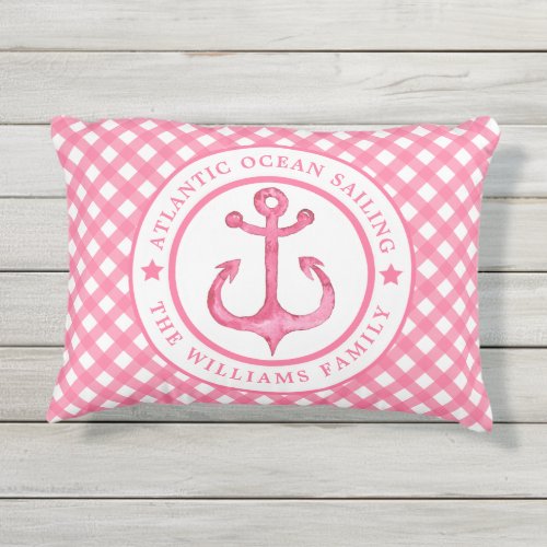 Nautical  Pink Gingham Personalized Outdoor Pillow