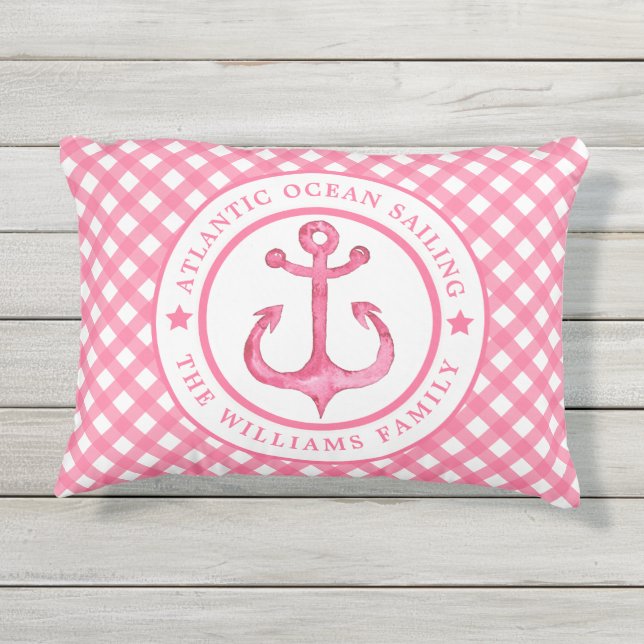 Nautical  Pink Gingham Personalized Outdoor Pillow (Back)