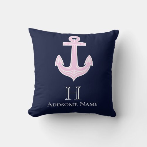 Nautical Pink Gray Anchor Coastal Monogrammed Throw Pillow