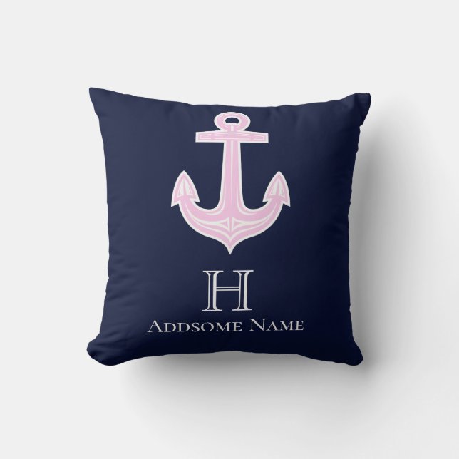 Nautical Pink Gray Anchor Coastal Monogrammed Throw Pillow (Front)