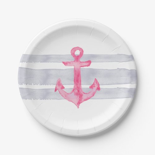 Nautical pink gray watercolor anchor stripes paper plates