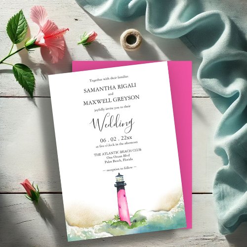 Nautical Pink Lighthouse Beach Destination Wedding Invitation