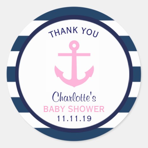 Nautical Pink Navy Blue Baby Shower GIRL Classic Round Sticker