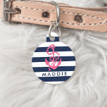 Nautical Pink & Navy Stripe Anchor Personalized Pet ID Tag<br><div class="desc">Pamper your pet! Design features a rope and anchor illustration in preppy pink on a navy blue and white stripe background. Customize with your pet's name on front and contact details on back. Coordinating accessories available in our shop,  including bowls and pet beds!</div>