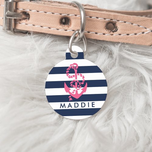 Nautical Pink  Navy Stripe Anchor Personalized Pet ID Tag