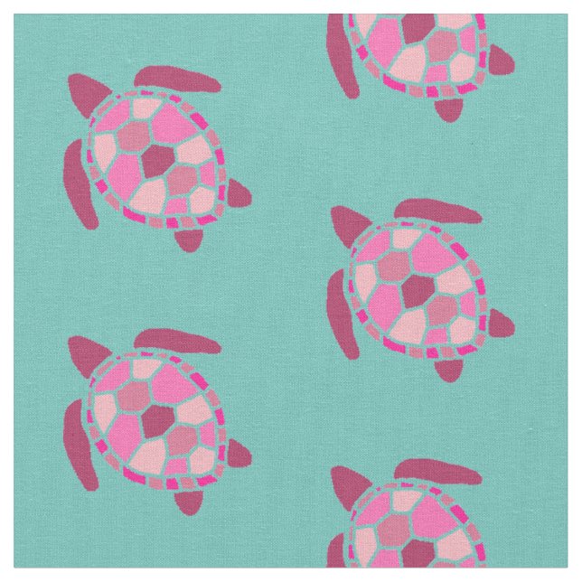 Nautical Pink Sea turtles Pattern on Teal Fabric (Close Up)