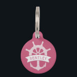 Nautical Pink Ship Anchor Personalized Name Pet ID Tag<br><div class="desc">Nautical Anchor and Ship Wheel Pet Tag in Pink and White with a Custom Pet Name Template. Digital wood textured grey anchor and ship wheel illustration on a white banner with a custom pet name template in a handwritten font. Add your contact information ( phone number ) to the back...</div>