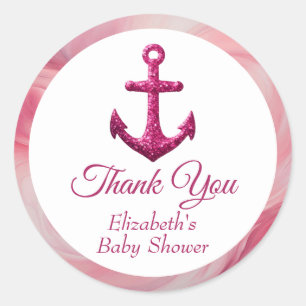 Nautical Pink Sparkle Anchor Baby Shower Classic Round Sticker