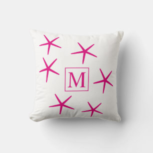 Nautical Pink Starfish White Monogram Initial Cute Throw Pillow