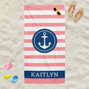 Nautical Pink Stripe Anchor Monogram Name Beach Towel