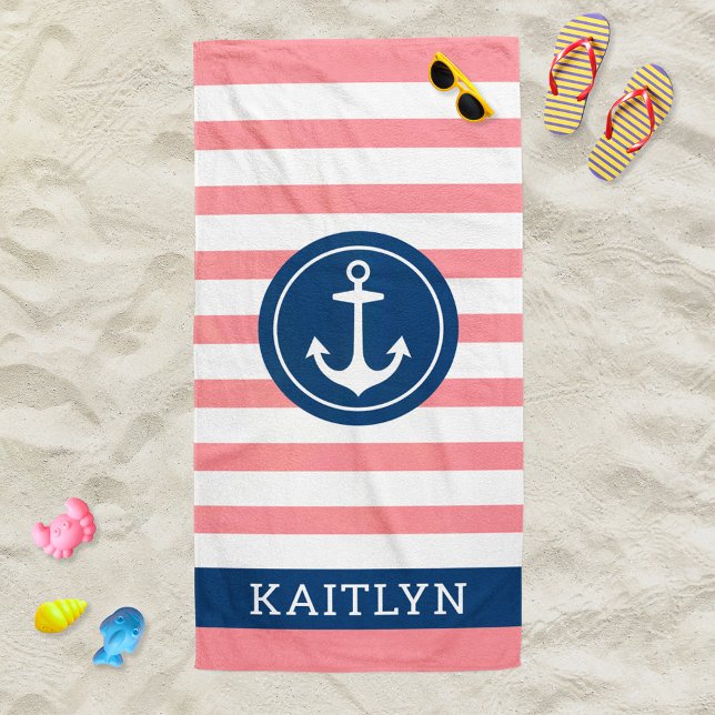 Nautical Pink Stripe Anchor Monogram Name Beach Towel (Creator Uploaded)