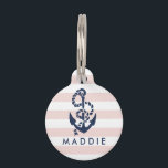 Nautical Pink Stripe Anchor Personalized Pet Tag<br><div class="desc">Pamper your pet! Design features a rope and anchor illustration in classic navy blue on a light pink and white stripe background. Customize with your pet's name on front and contact details on back. Coordinating accessories available in our shop,  including bowls and pet beds!</div>
