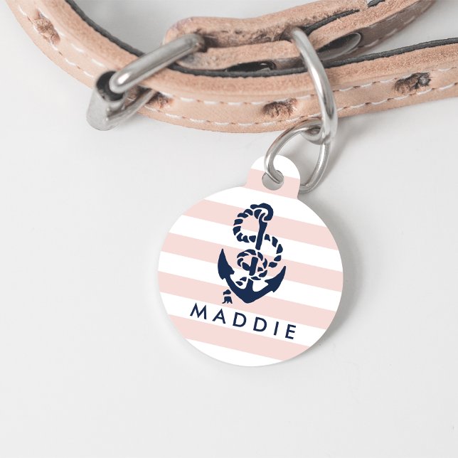Nautical Pink Stripe Anchor Personalized Pet Tag (Creator Uploaded)