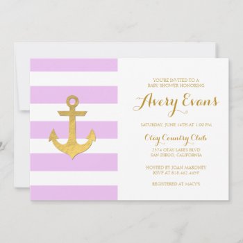 Nautical Pink Stripe Baby Shower With Gold Anchor Invitation by GreenLeafDesigns at Zazzle