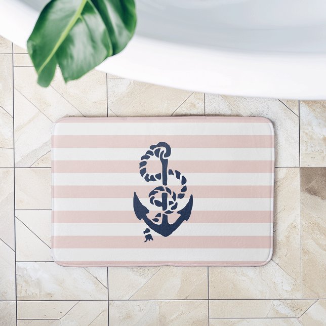 Nautical Pink Stripe Navy Anchor Bathroom Mat (Creator Uploaded)