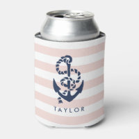 Nautical Pink Stripe & Navy Anchor Personalized Can Cooler