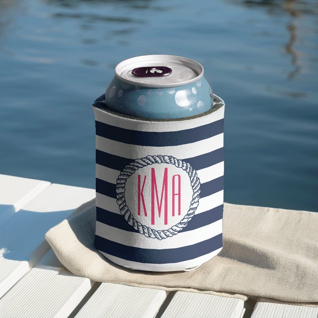 Nautical Pink Stripe & Navy Anchor Personalized Can Cooler (Creator Uploaded)