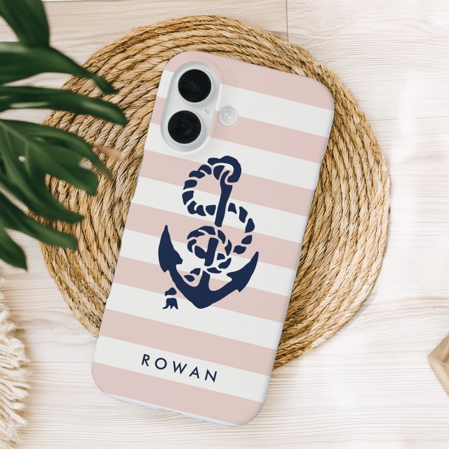 Nautical Pink Stripe & Navy Anchor Personalized Case-Mate iPhone Case (Creator Uploaded)