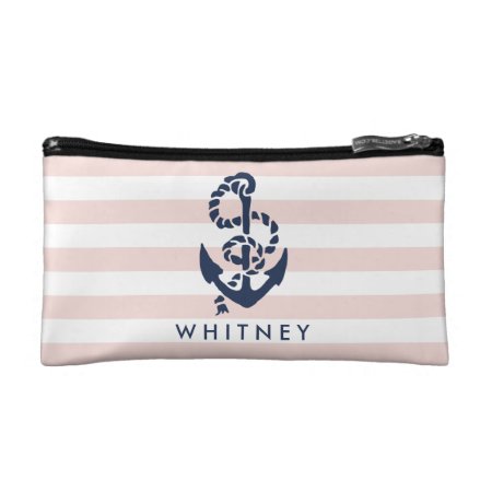 Nautical Pink Stripe & Navy Anchor Personalized Makeup Bag