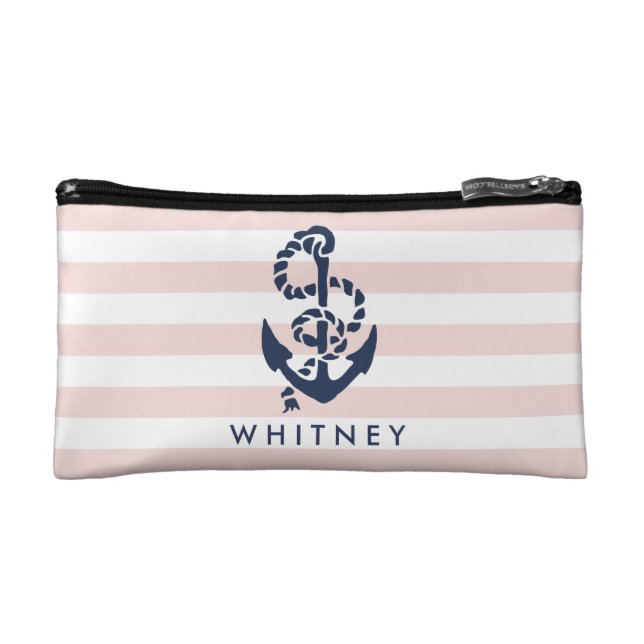 Nautical Pink Stripe & Navy Anchor Personalized Makeup Bag (Front)