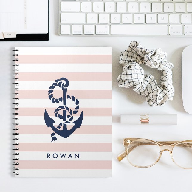 Nautical Pink Stripe & Navy Anchor Personalized Notebook (Creator Uploaded)