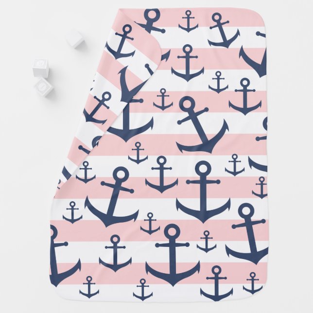 Nautical pink stripe navy blue anchor pattern baby blanket (In Situ)