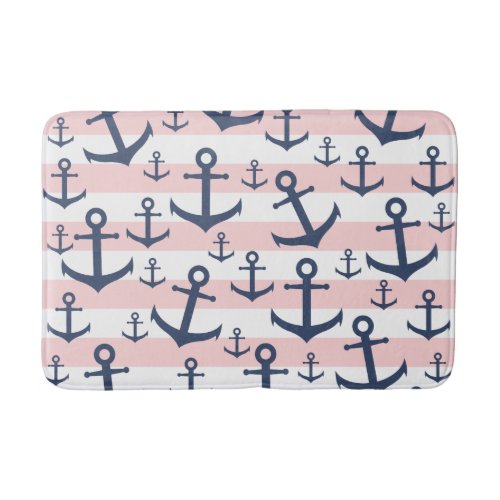 Nautical pink stripe navy blue anchor pattern bath mat