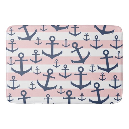 Nautical pink stripe navy blue anchor pattern bath mat