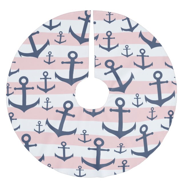 Nautical pink stripe navy blue anchor pattern brushed polyester tree skirt (Front)
