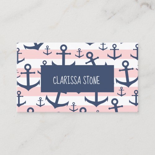 Nautical pink stripe navy blue anchor pattern business card