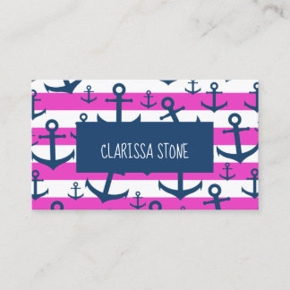 Nautical pink stripe navy blue anchor pattern business card