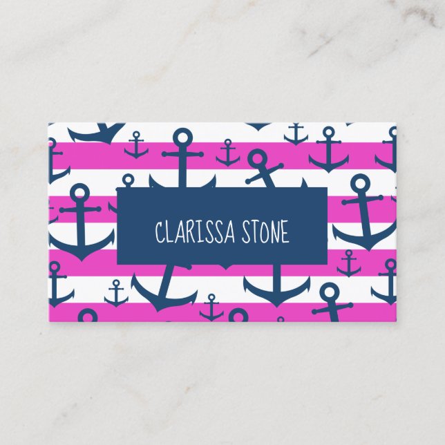 Nautical pink stripe navy blue anchor pattern business card (Front)