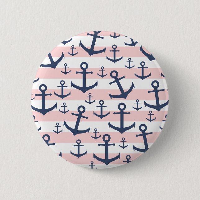 Nautical pink stripe navy blue anchor pattern button (Front)