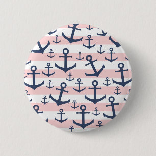 Nautical pink stripe navy blue anchor pattern button